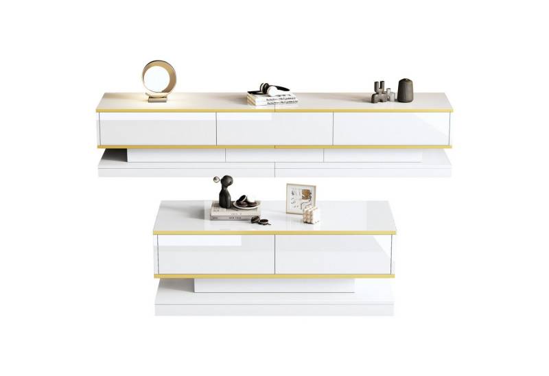 OKWISH Wohnzimmer-Set Hochglanz, (TV-Ständer + Couchtisch Set, 2-St., Spanplatte), Warmweiß, mit goldener Kante von OKWISH