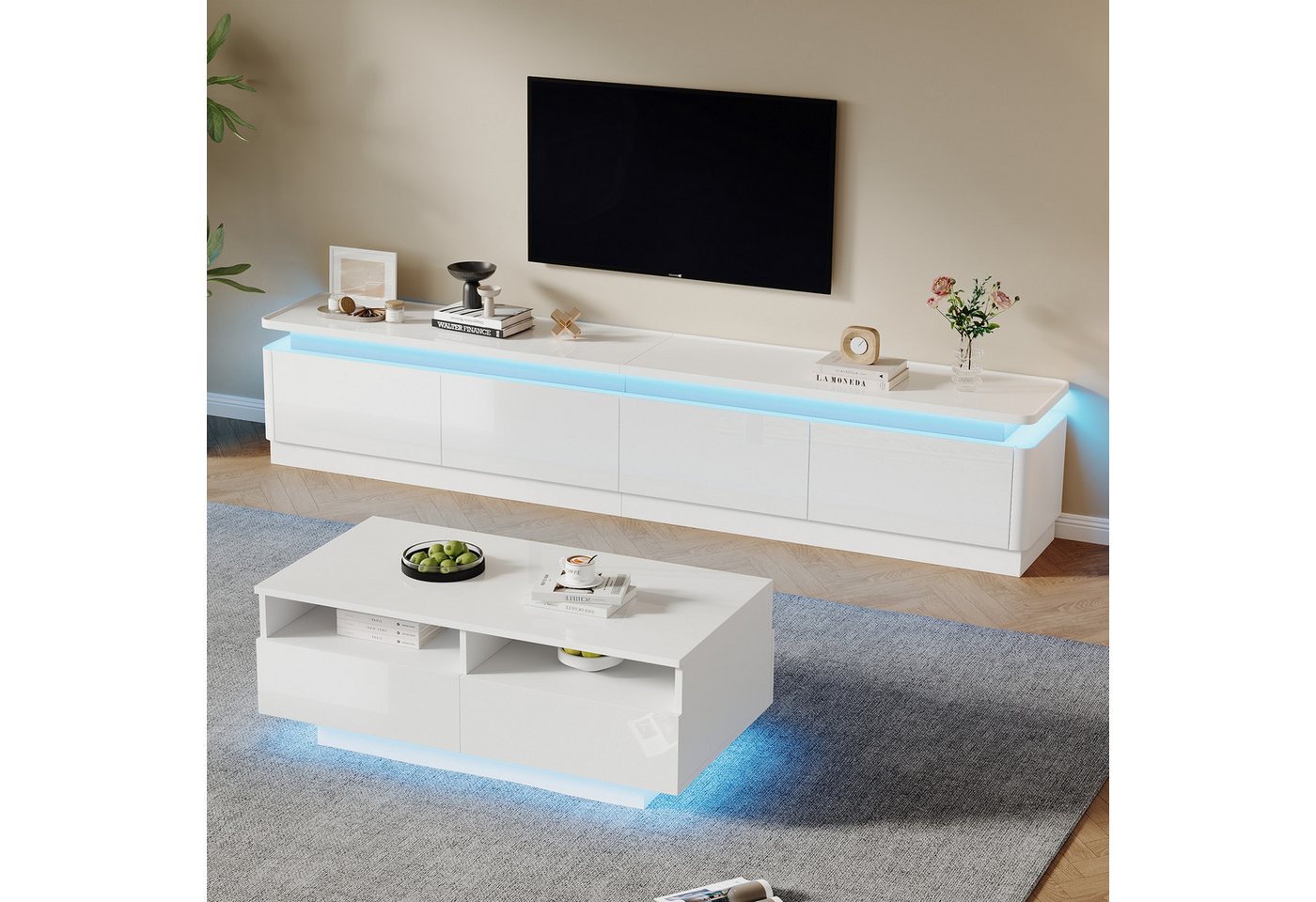 OKWISH Wohnzimmer-Set Hochglanz-TV-Schrank-Couchtisch-Kombination, (Fernsehtisch, Beistelltisch, 1-St., mit LED-Leuchten + Schubladen), für 75-Zoll-Fernseher von OKWISH