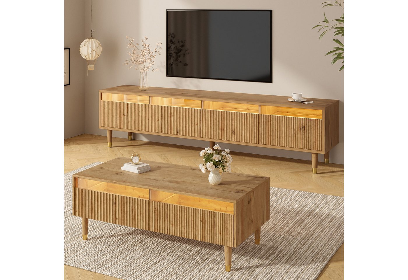 OKWISH Wohnzimmer-Set LED-Möbelset, (TV-Schrank+Wohnzimmertisch, 2-St., Couchtisch 110x50x40cm + TV-Ständer 178x35x45cm), Wellenstruktur und Acrylfronten, Gold-Design von OKWISH