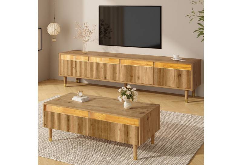 OKWISH Wohnzimmer-Set LED-Möbelset, (TV-Schrank+Wohnzimmertisch, 2-St., Couchtisch 110x50x40cm + TV-Ständer 178x35x45cm), Wellenstruktur und Acrylfronten, Gold-Design von OKWISH