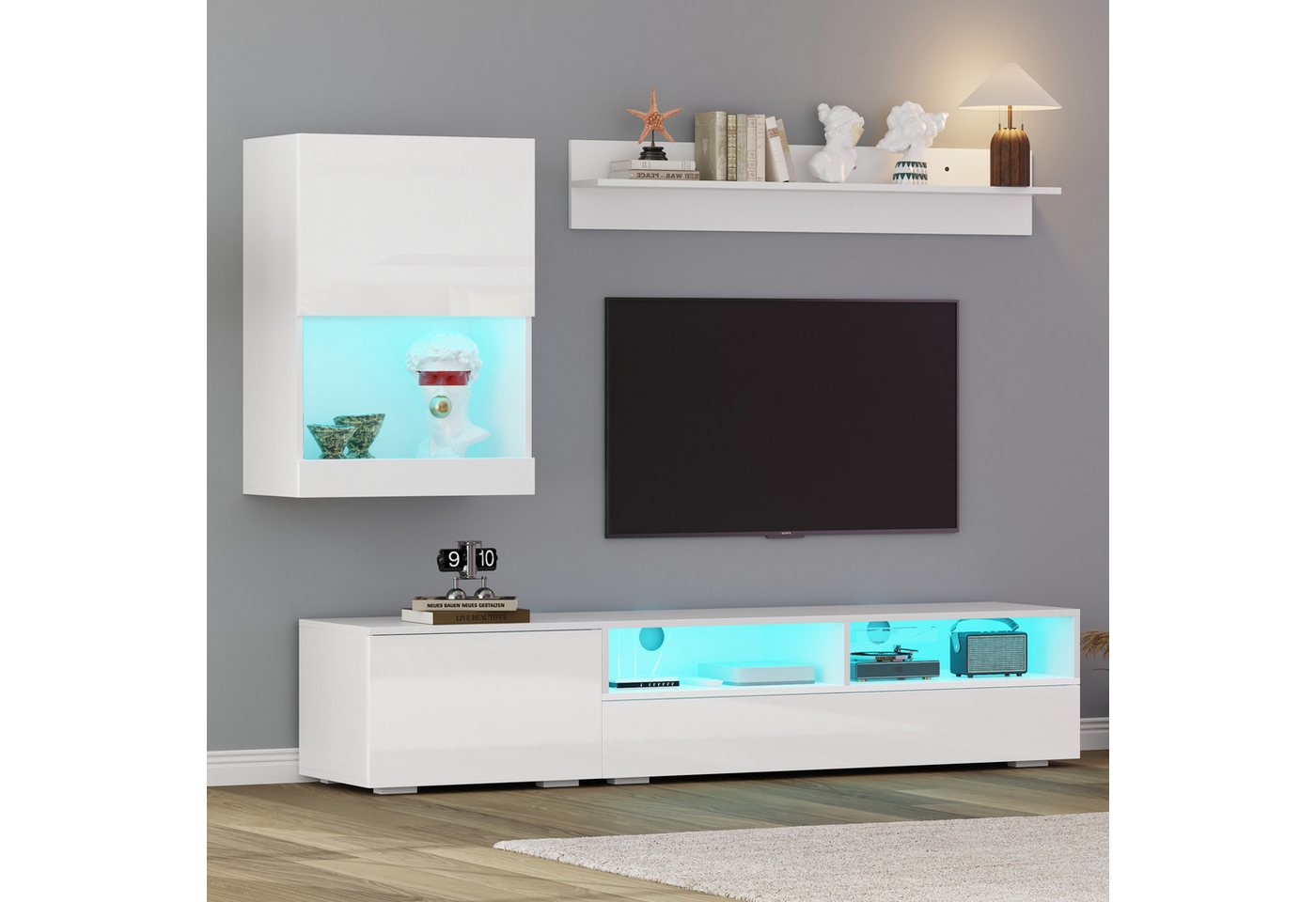 OKWISH Wohnzimmer-Set Mediawand inkl.TV-Board, Standregal und Wandregal, (Wohnwand-set, Wohnzimmermöbel, 3-St., TV-Schrank für TV bis 80 Zoll), mit LED, Hochglanz, stehend und hängend von OKWISH