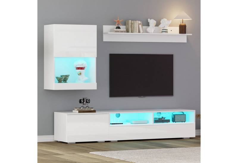 OKWISH Wohnzimmer-Set Mediawand inkl.TV-Board, Standregal und Wandregal, (Wohnwand-set, Wohnzimmermöbel, 3-St., TV-Schrank für TV bis 80 Zoll), mit LED, Hochglanz, stehend und hängend von OKWISH