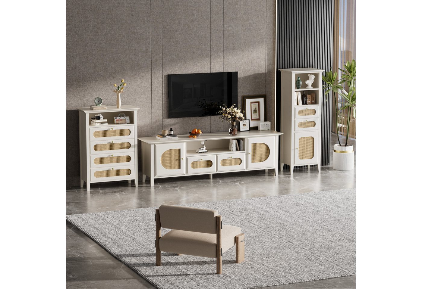 OKWISH Wohnzimmer-Set Rattan-Möbelkombination, (3-St., Sideboard-110*38*80cm,TV-Schrank-160*38*50cm,Hochschrank-140,5*38*50cm), Beine aus massivem Holz und lackiert von OKWISH