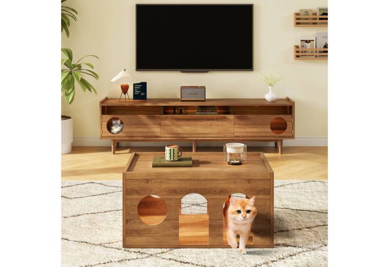 OKWISH Wohnzimmer-Set TV-Schrank + Couchtisch, (Wohnzimmermöbel, 2-St., LED-Fernsehschrank mit Katzenkorb), Haustier-Möbel, Nussbaum-Möbel-Set von OKWISH