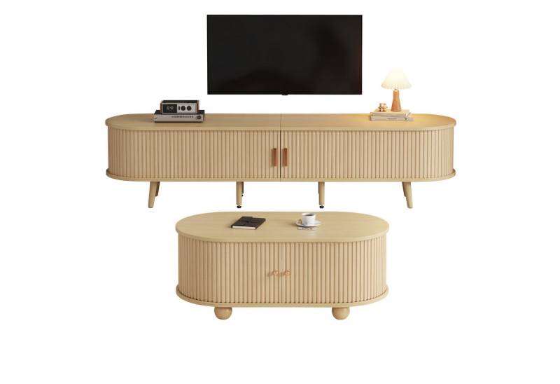OKWISH Wohnzimmer-Set Wohnzimmer-TV-Schrank mit Stauraum + Couchtisch-Kombination, (ovale Kombination in Originalholzfarbe, Fernsehtisch, TV-Ständer, 1-St., zentrale Doppelschublade, natürliche Textur), mit Beidseitig geschwungene, vertikal geprägte Schiebetür von OKWISH