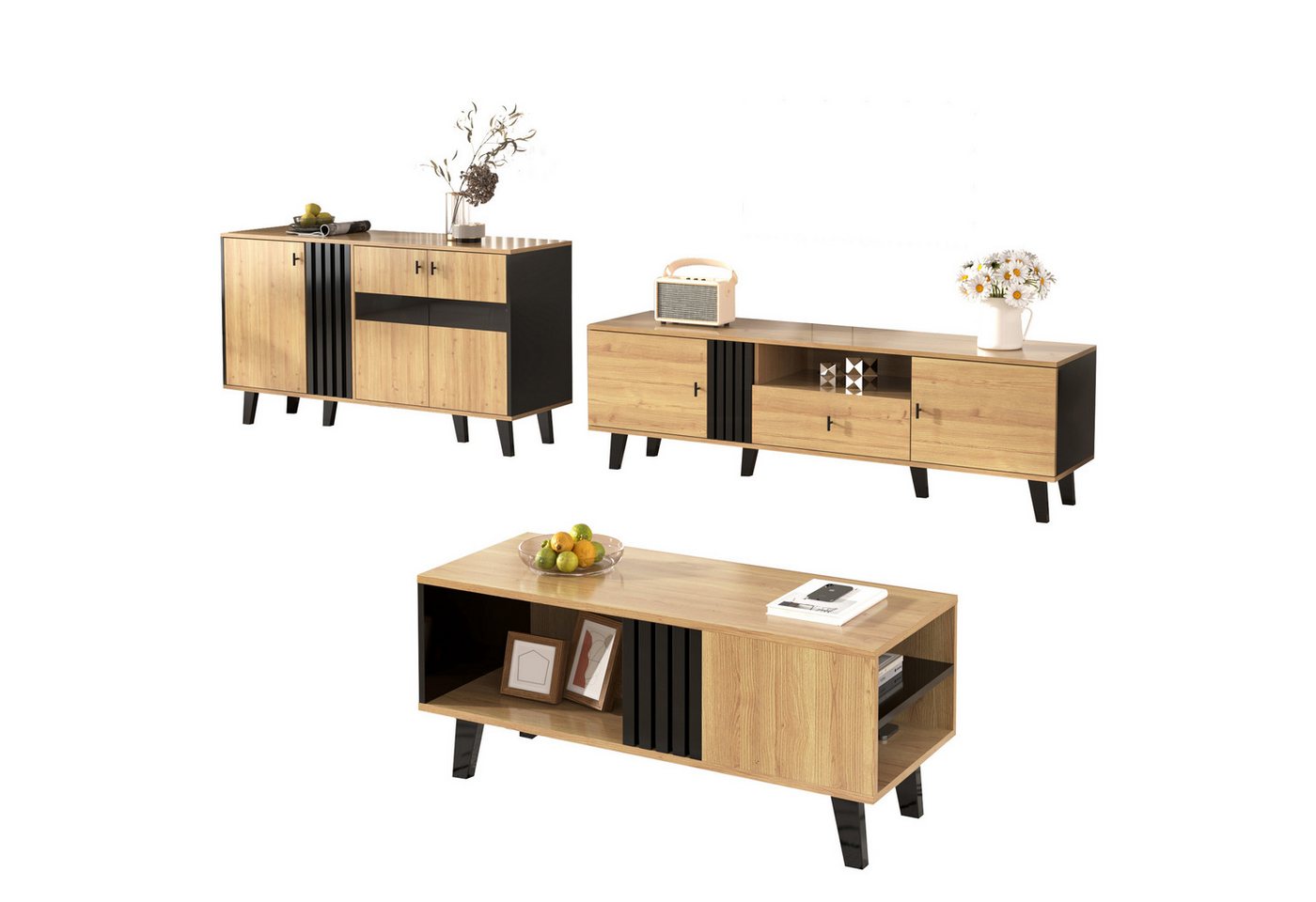 OKWISH Wohnzimmer-Set Wohnzimmermöbel Set 3-teilig, (Wohnzimmerschrank, 3-St., 1 Couchtisch, 1 TV-Schrank, 1 Sideboard), modernes Design in Holz und Schwarz von OKWISH