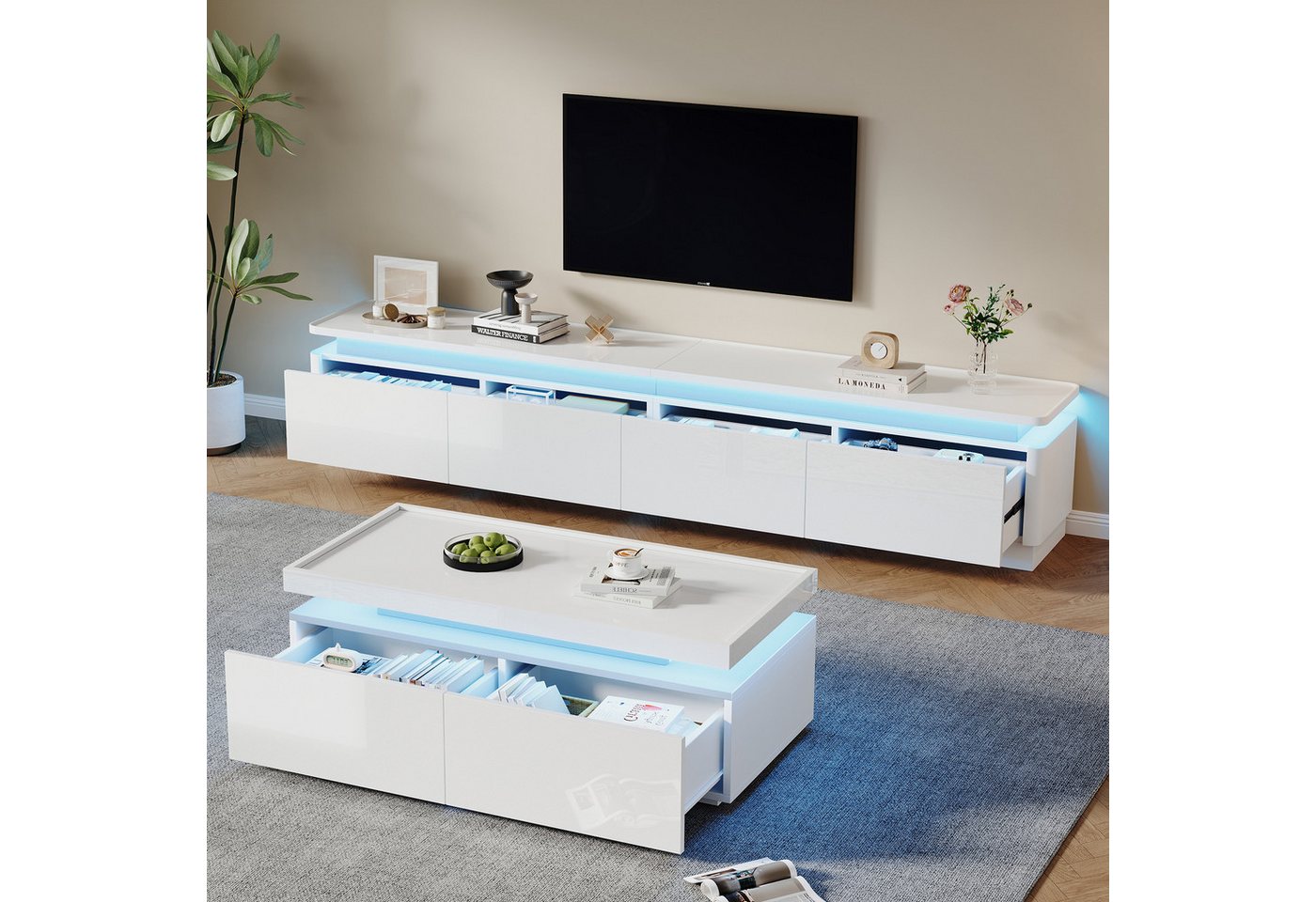 OKWISH Wohnzimmer-Set weiße Hochglanz-TV-Schrank-Couchtisch-Kombination, (TV-Wandkombination, 2-St., mit bogenförmige Designelemente), mit LED-Leuchten von OKWISH