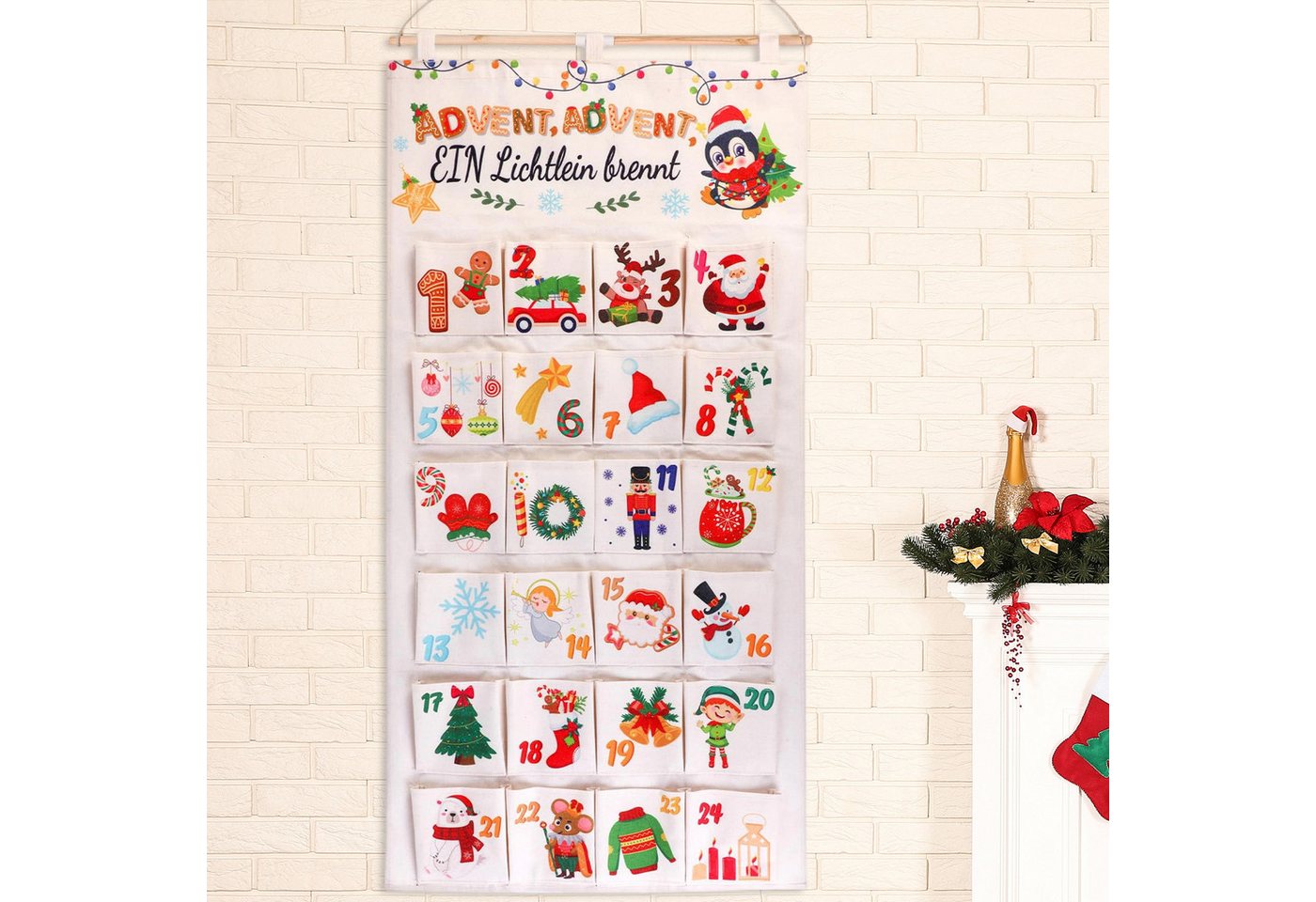 OKWISH befüllbarer Adventskalender Adventskalender zum Befüllen Stoff 24 Beutel (mit Aufhängeseil für Wand Tür oder Kamin geeignet, 1-tlg), Weihnachtsdekoration und Geschenk für Kinder und Familie von OKWISH