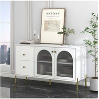 Okwish - 120 cm langes weiß-goldenes Sideboard mit verstellbaren Regalen und Marmorplatte, Schrank mit 2 Türen und 2 Schubladen, Schrank mit Glastüren von OKWISH