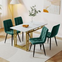 120x70cm Gold Esstisch mit 4 Stühlen Set,Moderne Küche Esstisch Set, dunkelgrüner Samt Esszimmerstühle, Gold Eisen Beintisch Okwish von OKWISH
