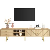Okwish - 160 cm TV-Schrank mit goldenen Beinen, zwei Schubladen und Türen mit einzigartigem Design von OKWISH