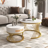Okwish - 2-in-1 runder Couchtisch aus mdf, Beistelltisch mit Marmorplatte und Kunststoff-Rattan-Schubladen, Griffe aus Massivholz. vergoldete Okwish - 2-in-1 runder Couchtisch aus mdf, Beistelltisch mit Marmorplatte und Kunststoff-Rattan-Schubladen, Griffe aus Massivholz. vergoldete von OKWISH