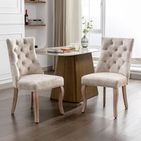4-Bein-Stuhl, hellbeiger Samt-Esszimmerstuhl, hohe Rückenlehne, mit Knopfsteppung, Massivholzgestell, hellbeige (Set, 2-teilig) von OKWISH