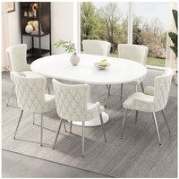 6er Set Esszimmerstuhl, Wohnzimmerstuhl mit vier silbernen Metallbeinen, in Samt, Beige, 49x47x85 cm 6er Set Esszimmerstuhl, Wohnzimmerstuhl mit vier silbernen Metallbeinen, in Samt, Beige, 49x47x85 cm von OKWISH