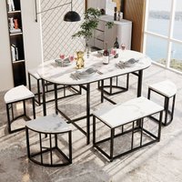 Esszimmertisch-Set mit sechs Stühlen,Essgruppe mit weißen MDF-Sitzfläche und schwarzen Eisenrahmen,Moderne Luxustische und -stühle Okwish Schwarz b von OKWISH