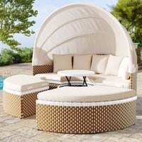Garten-Liegestuhl-Set, Sonneninsel, Rattan-Gartentisch und Stühle, Garten-Liegestuhl, ausziehbares Vordach, anhebbare Tischplatte, Beige, inklusive von OKWISH
