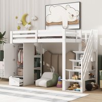 Okwish - Hochbett, 90x200 cm, ohne Matratze, Balustrade, ausziehbare Leiter, Schubladen, Kleiderschrank, mehrere Regale, Platz je nach Bedarf frei Okwish - Hochbett, 90x200 cm, ohne Matratze, Balustrade, ausziehbare Leiter, Schubladen, Kleiderschrank, mehrere Regale, Platz je nach Bedarf frei von OKWISH