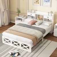 Holzbett mit Paneelen, Doppelbett mit Holz Lattenroste, mit Aufbewahrungsfunktion, mdf + Mehrschichtplatte, Weiß, 140x200cm Okwish von OKWISH