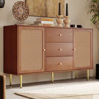 Okwish - Kommode Beistellschrank Sideboard Anrichte Schrank Rattan (Schubladenkommode mit 2 Türen und 3 Schubladen aus Massivholz Holz), Füße aus von OKWISH