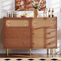 Kommode Beistellschrank Sideboard Anrichte Schrank Rattan (Schubladenkommode mit 6 Schubladen aus Massivholz Holz Füße aus Metall), Wohnzimmer von OKWISH