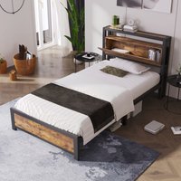 Metallbett Jugendbetten Einzelbett 90 x 200 cm mit Stauraum-Kopfteil und Metall Lattenrost, Kinderbett, Metall Bettgestell, Schwarz Industrielles von OKWISH