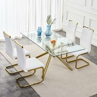 Moderne Esszimmerstühle 4 Set, Golden verchromtes Metallgestell,einfacher und eleganter Stuhl,Wasserdichter Stuhl,Rücklehne aus pu Kunstleder, hoher von OKWISH
