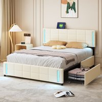 Polsterbett 140200cm mit LED-Lichtsteckdose 4 Schubladen hautfreundliches Leinen gepolstert flaches Einzelbett Kinderbett Jugendbett Gästebett Beige Polsterbett 140200cm mit LED-Lichtsteckdose 4 Schubladen hautfreundliches Leinen gepolstert flaches Einzelbett Kinderbett Jugendbett Gästebett Beige von OKWISH