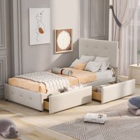 Okwish - Polsterbett 90 x 200 cm Bett mit Lattenrost, Rückenlehne und zwei Schubladen, hautfreundlicher Samtstoff Beige flaches Einzelbett Kinderbett von OKWISH