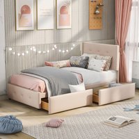 Polsterbett 90 x 200 cm Bett mit Lattenrost, Rückenlehne und zwei Schubladen, hautfreundlicher Samtstoff Beige flaches Einzelbett Kinderbett von OKWISH