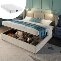 Polsterbett Doppelbett Stauraum Bettkasten Leselicht mit usb Ladefunktion Kopfteil,Stauraumbetten Bettgestell aus Leinenmaterial Jugendbett 140x200 von OKWISH