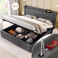 Polsterbett Doppelbett Stauraum Bettkasten mit USB-Ladefunktion Typ c Kopfteil, Stauraum Betten Leinenbettgestell Jugendbett 180x200 mit Lattenrost von OKWISH