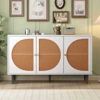 Sideboard mit 3 Rattan verzierten Türen Kommode Highboard mit Metallgriffe, für Schlafzimmer & Wohnräume & Büro, Weiß,129.8x 40x 76cm Okwish Weiß von OKWISH