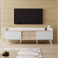 TV-Schrank mit zwei Schubladen, Fernsehtisch tv Board, tv- Lowboard niedrige Platte mit zwei Schiebetüren. Exquisite Textur. Weiß und natürliches von OKWISH