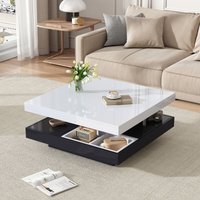 Okwish - Weißer quadratischer Couchtisch, Wohnzimmertisch mit 2-stufiger drehbarer Platte und schwarzem Fuß, 70x70x36 cm von OKWISH
