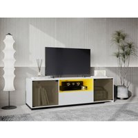 Okwish - langer TV-Ständer mit LED-Beleuchtung und Schiebedesign für einen 60-Zoll-Fernseher, marmorgeäderter Tischplatte und elegantem von OKWISH