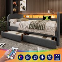 Polster-Tagesbett 140x190 cm, Schlafsofa mit LED und USB-C Ladefunktion, Tagesbett mit 2 Schubladen und Stauraumkopfteil, Leinen, grau (ohne Matratze) von OKWISH