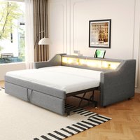 Polsterbett, ausziehbares Schlafsofa 90/180 x 190 cm, Multifunktions-Stauraum, LED-Beleuchtung und USB-Steckdose, mit Lattenrost, hellgrau Polsterbett, ausziehbares Schlafsofa 90/180 x 190 cm, Multifunktions-Stauraum, LED-Beleuchtung und USB-Steckdose, mit Lattenrost, hellgrau von OKWISH