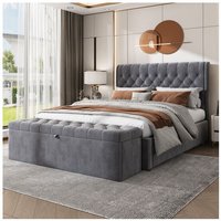 Polsterbett 140 x 200 cm, mit hydraulischem Hebel, Funktionsbett mit Lattenrost und Stauraum, mit gepolsterter Sitzbank, Sitzbank mit Stauraum, von OKWISH