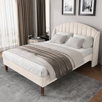 Polsterbett 140190 mit Lattenrost und Kopfteil, Jugendbett, Einzelbett, Lattenrost aus Holz, einfache Montage, Samt, Beige Okwish Beige von OKWISH