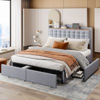 Polsterbett 140200 cm, Nachttisch mit USB-Ladeanschluss und Ablage, flaches Doppelbett mit 4 Schubladen, grauer Leinenstoff von OKWISH