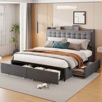 Polsterbett 160200 cm, Nachttisch mit USB-Ladeanschluss und Ablage, flaches Doppelbett mit 4 Schubladen, grauer Leinenstoff von OKWISH
