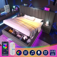 Polsterbett 160×200, Doppelbett mit Stauraum, led App Steuerung und usb-c Ladefunktion, Bettgestell mit Lattenrost, Leinen, grau, ohne Matratze und von OKWISH