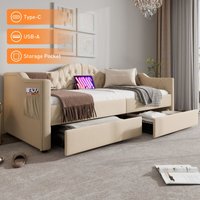 Polsterbett Daybett Schlafsofa Stauraumbetten Bettgestell mit USB Type C Ladefunktion und 2 Schubladen 90x200cm Samt in Beige Samt(Ohne Matratze) von OKWISH