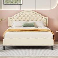 Polsterbett Doppelbett 140 x 200 cm mit mit Lattenrost mit Rückenlehne PU-Leder Erwachsenen-Jugendbett Beige (Matratze nicht im Lieferumfang von OKWISH