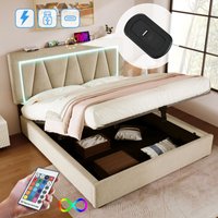 Polsterbett Doppelbett LED-Bett mit USB-Typ-C-Ladefunktion und LED-Beleuchtung, Stauraumbetten, Bettgestell aus Leinen, Jugendbett 140x200 mit Polsterbett Doppelbett LED-Bett mit USB-Typ-C-Ladefunktion und LED-Beleuchtung, Stauraumbetten, Bettgestell aus Leinen, Jugendbett 140x200 mit von OKWISH