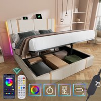 Polsterbett Doppelbett usb Type c Ladefunktion APP-Control led 180×200 Stauraumbetten Bettgestell, Lattenrost aus Holz,Beige Leinenmaterial (Ohne von OKWISH