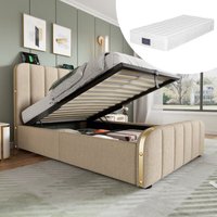 Polsterbett Einzelbett, gepolstertes Kopfteil mit goldenen Zierstreifen und USB-Typ-C-Ladefunktion 90 x 200 cm, beiger Leinenstoff, hydraulisches Polsterbett Einzelbett, gepolstertes Kopfteil mit goldenen Zierstreifen und USB-Typ-C-Ladefunktion 90 x 200 cm, beiger Leinenstoff, hydraulisches von OKWISH