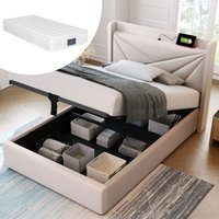 Polsterbett Einzelbett Stauraum Bettkasten mit usb Typ c Ladefunktion Kopfteil,Stauraumbetten Bettgestell aus Leinenmaterial Jugendbett 90x200 mit von OKWISH