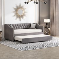 Okwish - Polsterbett Kinderbett 90x200, Ausziehbares Schlafsofa Grau Strapazierfähiger Leinenstoff Jugendbett Kinderbett Gästebett von OKWISH