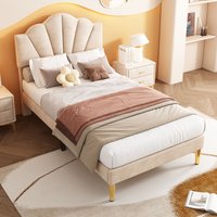 Samt, Polsterbett, 90200 cm, muschelartiges Bett mit goldenen Eisenbeinen, höhenverstellbares Kopfteil, Holzlattenrost, Beige Okwish 90x200cm Beige von OKWISH